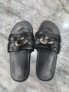 Black Slide Sandals with Gold Buckle
