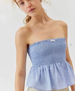 Blue Smocked Peplum Tube Top