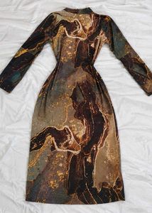 🤎✨ MOCHA MARBLE — Luxe Abstract Print Midi Dres