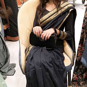 Gorgeous Black Saree With Golden Border🎉(Pleated)
