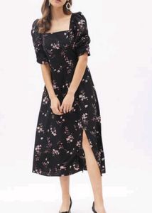 Black Floral Puff Sleeve Midi Dress