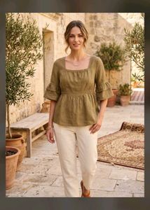 Linen Blend Square Neck Peplum Top