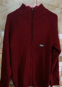 Men's Maroon Ribbed Zip-Up Sweater