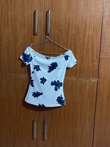 White Off-Shoulder Top with Blue Floral Print