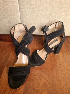 Suede Black Chunky Heels Wedges