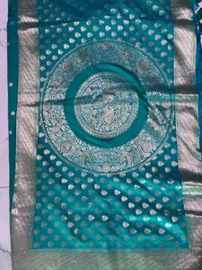 Teal Silk Saree with Silver Border