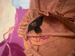 Zink Sheer Sleeve Ruffled Neck Top
