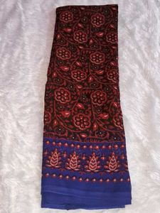 Vibrant Red & Blue Floral Saree without blouse