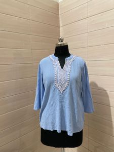 Light Blue V-Neck Embroidered Kurta