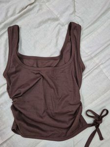 Brown Ruched Tank Top with Tie Detail