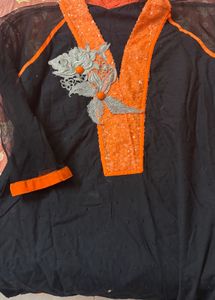 Black Kurta with Orange Neckline
