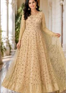 Elegant Beige & Gold Anarkali Gown