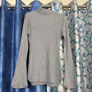Grey Ribbed Bell Sleeve Mock Neck Top