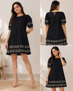 Chic Black Embroidered Puff Sleeve Dress