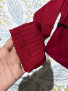 Cute Red Ribbed Long Sleeve Top