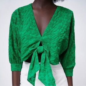 Zara Green Floral Tie-Front Blouse