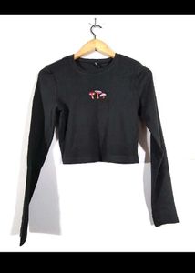 Black Long Sleeve Cropped Top with Mushroom Embroi