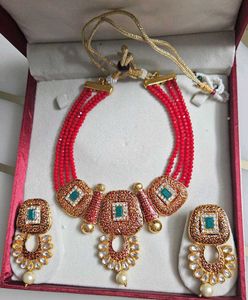 Red Beaded Necklace and Earring Set