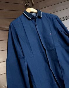 Louis Philippe Men's Blue Cotton Collared Shirt