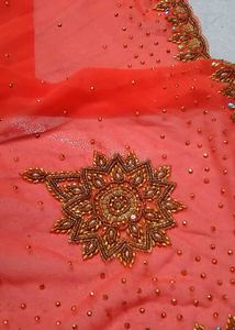Elegant Orange stone Saree with stitched blo