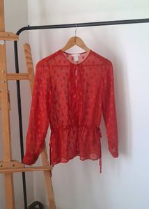 H&M Sheer Red Polka Dot Blouse