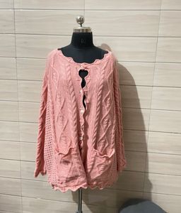 2XL Peach Cable Knit Cardigan with Lace Trim