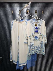 Elegant Cream & Blue printed cord Set
