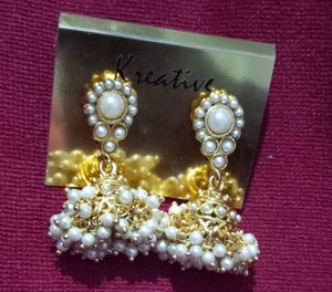 Gold Plated Stylish White Pearl Jhumka Earrings