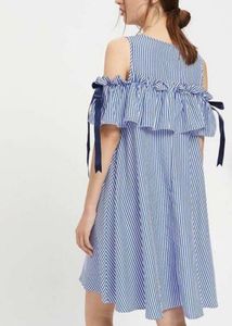 Korean Style Blue Gingham Cold Shoulder Dress