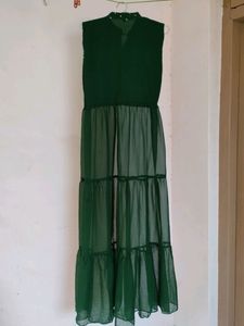 M size long flared cut out bottle green kurti