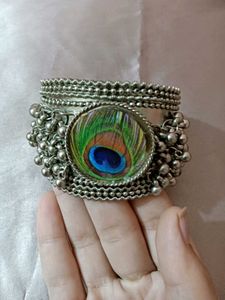 Peacock Feather Silver Bangle