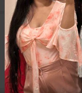 Sheer Pink Floral Tie-Front Top