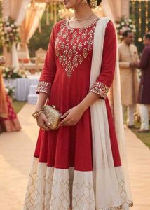 Red &amp; White Flared Kurti with Embroidery Work