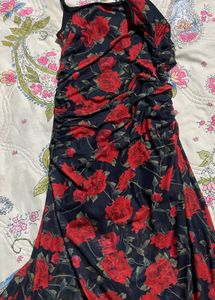 Chic Rose Print Ruched Maxi Dress