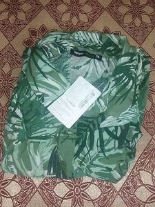Defacto Green&amp;white Tropical Print Shirt Dress