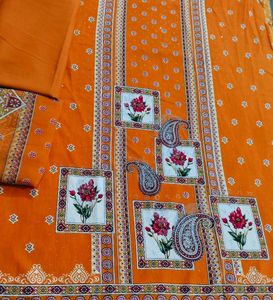 Vibrant Orange Floral Print Dress Material