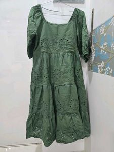 Chic Olive Green Tiered Eyelet Dress