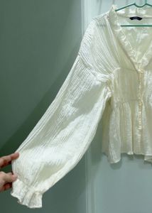 Cream Textured Ruffle Blouse