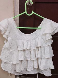 White Ruffled Short Sleeve Top