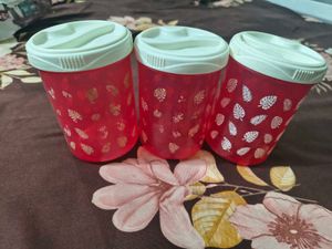 Set of 3 Red Leaf Print Containers
