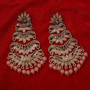 Heavy Elegant Pink Beaded Chandelier Earrings