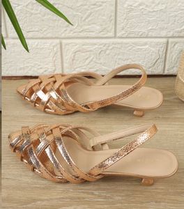 Elegant Rose Gold Woven Kitten Heels