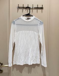 White Sheer Ribbed Mock Neck Top