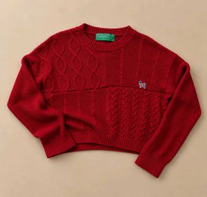 RED PATCHWORK CABLE KNIT SWEATER