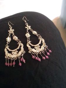 Pink Beaded Floral Drop Earrings,chand Baliya.