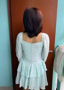 Mint Green Tiered Puff Sleeve Dress