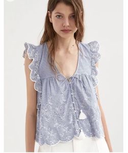 Zara Blue Striped Cotton Embroidered Top