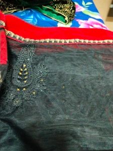 Black And Red Netted And Lace Saree
