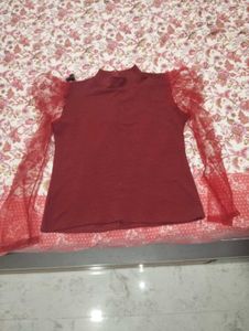 Chic Red Top with Sheer Sleeves
