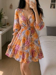 Floral Print V-Neck Tie Front Dress